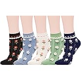 Violet Mist Cute Ankle Socks Kawaii Embroidered Floral Short Casual Cotton Socks Vintage Patterned 5 Pairs for Girls Women