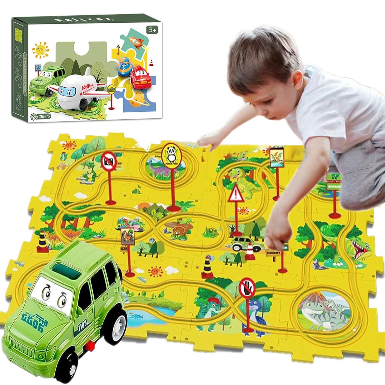 Photo 1 of 25Packs Puzzle Racing Children's Racing Track Set, Dinosaur Puzzle Puzzle Racing Track Car Game Set, Puzzle Racing Track Set, Preschool Best Children's Gift Christmas Boys and Girls Gift(Dinosaur ser)