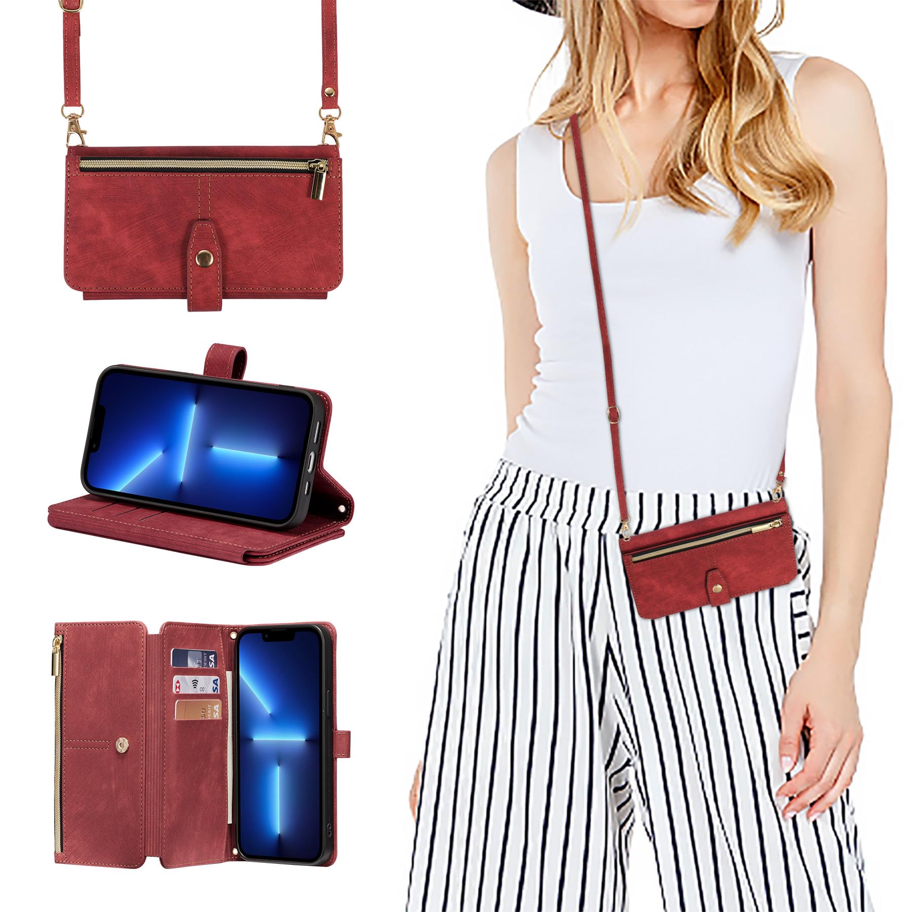 ZCDAYE Case for iPhone 15 Pro, iPhone 15 Pro Wallet Phone Case, Premium Zipper (with Long Lanyard) Flip Leather Phone Case for iPhone 15 Pro,Red