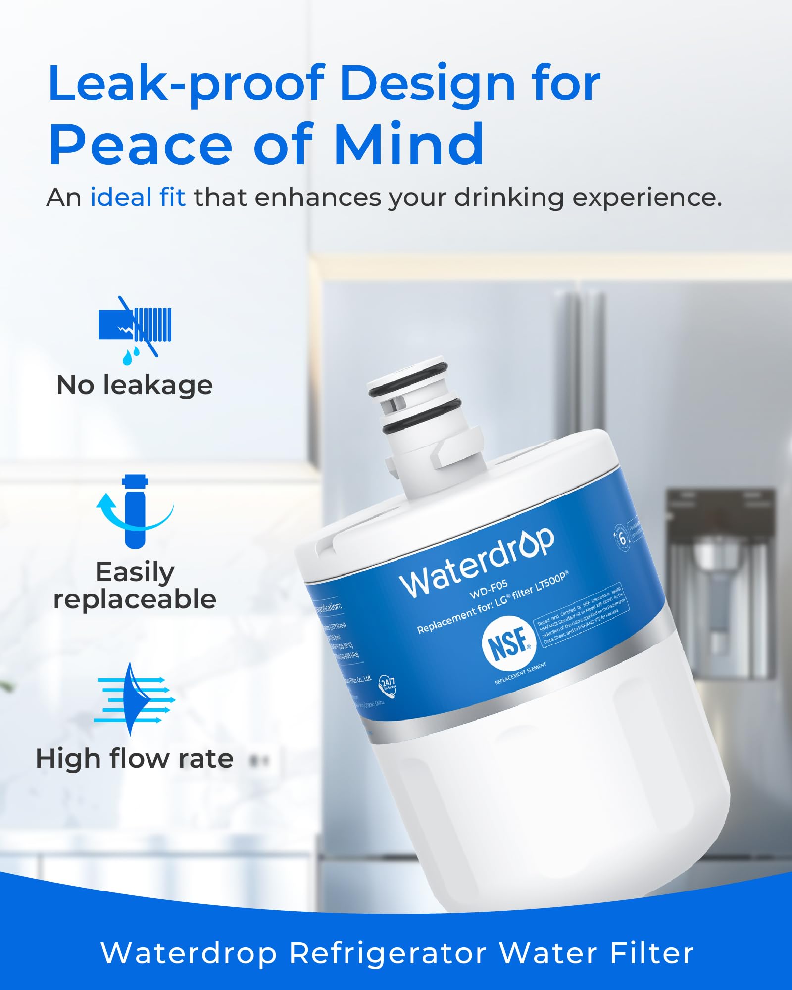 Waterdrop 5231JA2002A Refrigerator Water Filter, Replacement for LG®LT500P®, GEN11042FR-08, ADQ72910911, ADQ72910901, Kenmore 9890, 46-9890, LFX25974ST, LMX25964ST, 3 Pack, Package May Vary
