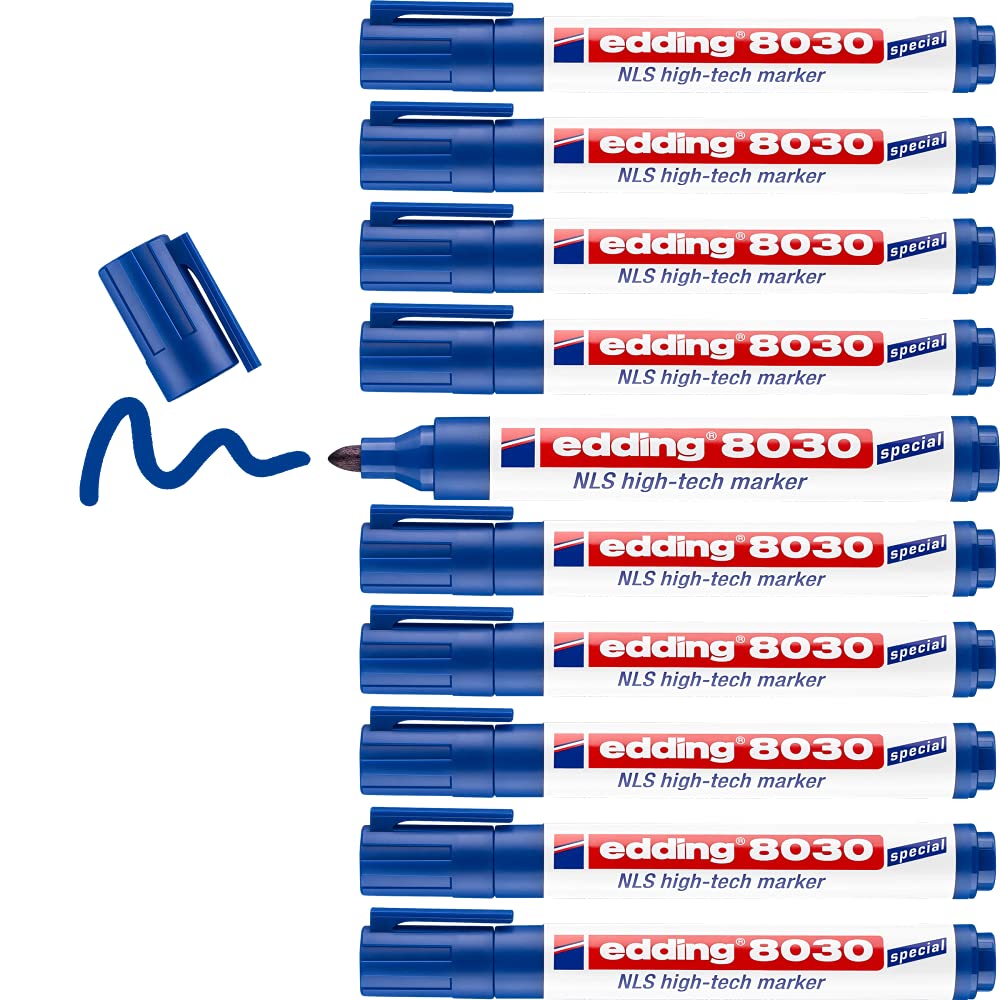 edding 8030 NLS high-tech marker - blue - 10 pens - bullet nib 1.5-3 mm - rustproof marker for low-corrosion marking - for use on steel, metal, iron, aluminium