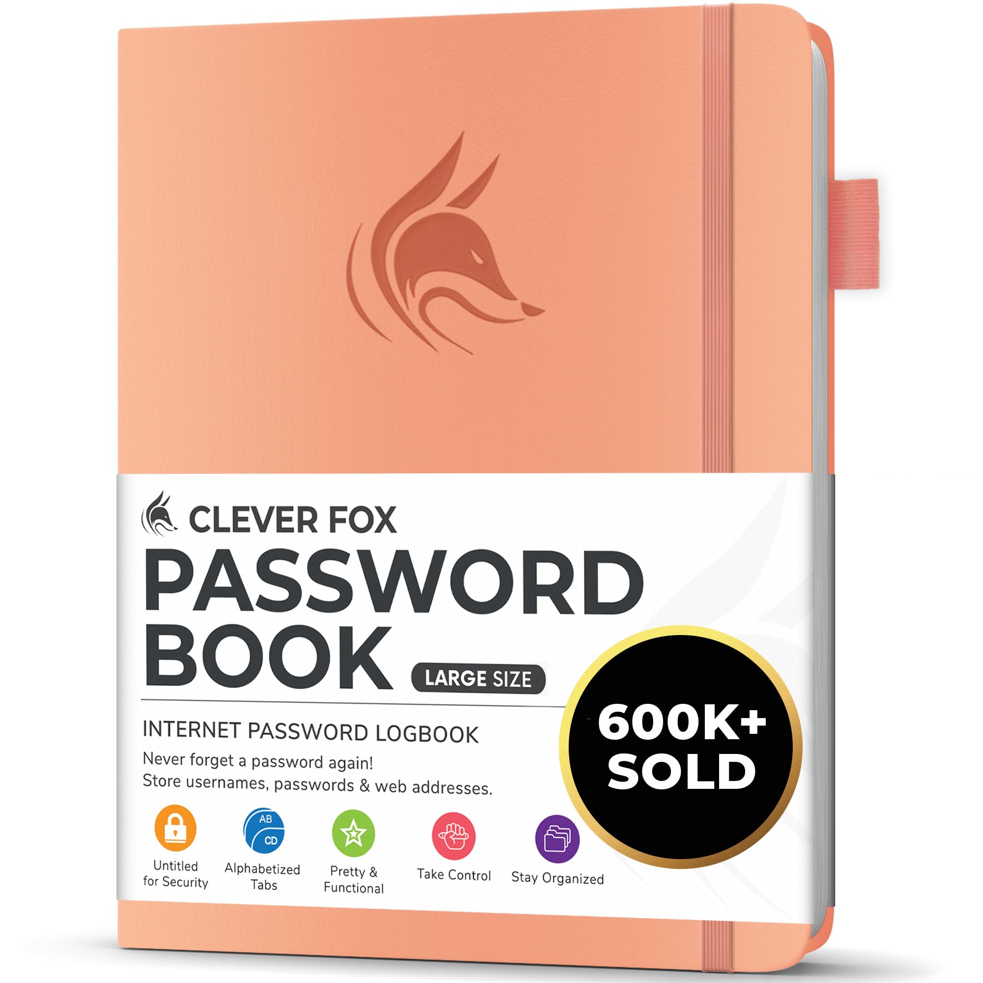 Clever Fox Password Book with alphabetical tabs. Internet Address Organizer Logbook. Large Password Keeper for Website Logins (Peach Pink)