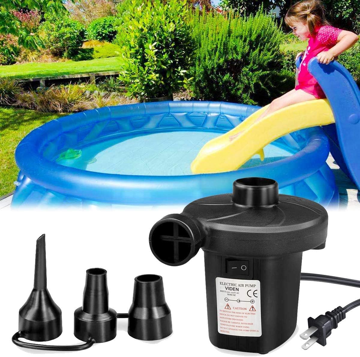 VIDEN Air Pump for Inflatables, Electric Mattress Pumps, for Inflatable Pool, Airbed, Camping, Sports, Kids Paddling Pools & Toys, with 3 Nozzles, Quick-Fill 110-120V, Portable, Black: Home & Kitchen