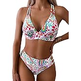 Tainehs Women's Push Up V Neck Bikini Sets Criss Cross Back Two Piece Bathing Suit
