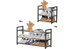 HDDTTZ 3-Tier Expandable Shoe Rack, Adjustable Shoe Shelf Storage Organizer Heavy Duty Metal Free Standing Shoe Rack for Entr