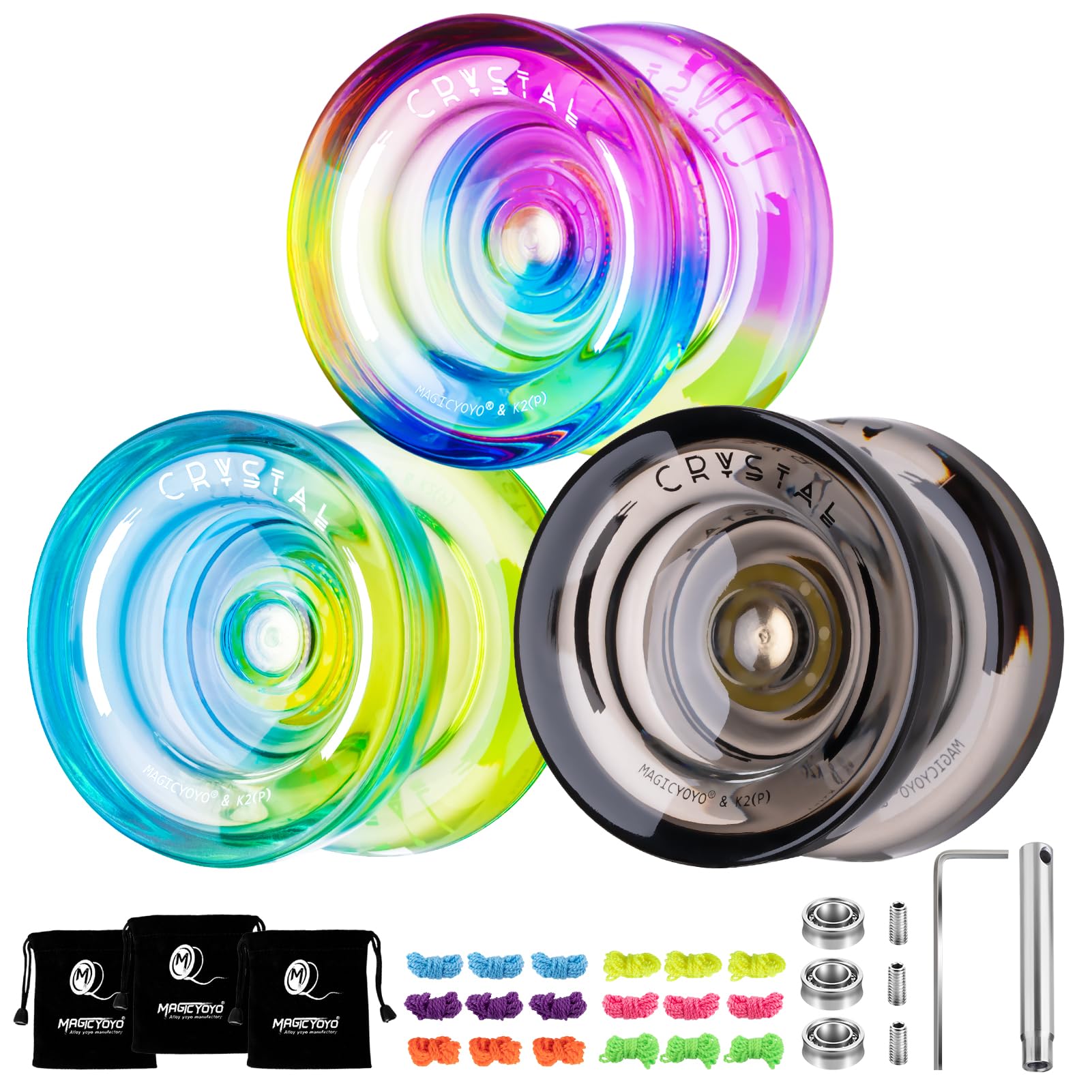 MAGICYOYO K2 Crystal Yoyo Pack of 3 - Responsive Yoyo for Kids, Dual Purpose Professional Trick Yo-yo, Unresponsive for Adults - with Bearing, 18 Strings, 3 Bags