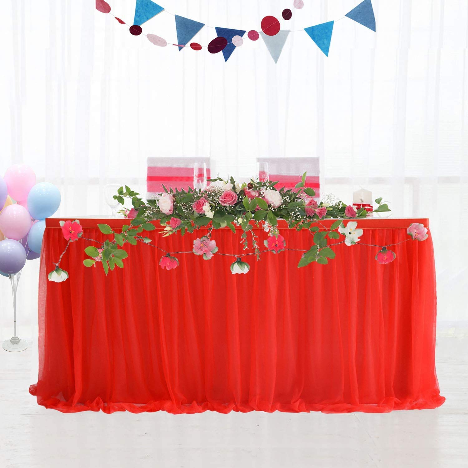 HBBMAGIC Tulle Table Skirt, Red, Tutu Table Skirts, 427 x 76 cm, Candy Table Cloth Tulle for Birthday Girls Decoration, Baby Party, Candy Bar, Wedding, Without LED