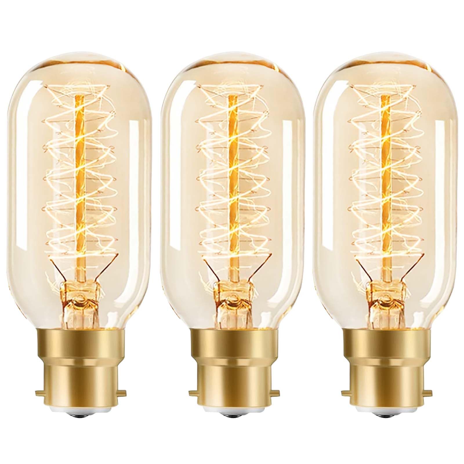 40W B22 Vintage Bayonet Light Bulb Warm White，Edison Light Bulb Dimmable Incandescent Bulbs，Spiral Retro Filament Bulbs Amber Glass Lamp，T45 Tube Spiral Decorative，Pack of 3.