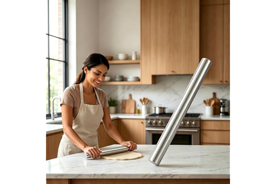 Stainless Steel French Rolling Pin, Smooth Heavy Duty Metal Dough Roller, Easy Clean Kitchen Baking Tool, Multipurpose Rolling Pin for Bagel, Pizza, Artisan Bread And Thin Steak Wrapper Making