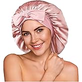 YFONG 100% 22 Momme Mulberry Silk Bonnet for Sleeping Women, Larger Double Layer Silk Hair Wrap for Curly Short Long Hair, Non-Slip Sleep Cap Turban with Elastic Tie Band for Hair Care, Pink
