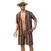 CAALEIS Men’s 2 Piece Casual Beach Set - Striped Short Sleeve Shirt and Shorts Outfit for Summer Vacation Pool Party