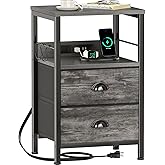 Furologee Nightstand with Charging Station, Night Stand with 2 Fabric Drawers, Side Table with USB Ports, End Table with Storage Shelf, for Living Room/Bedroom, Grey