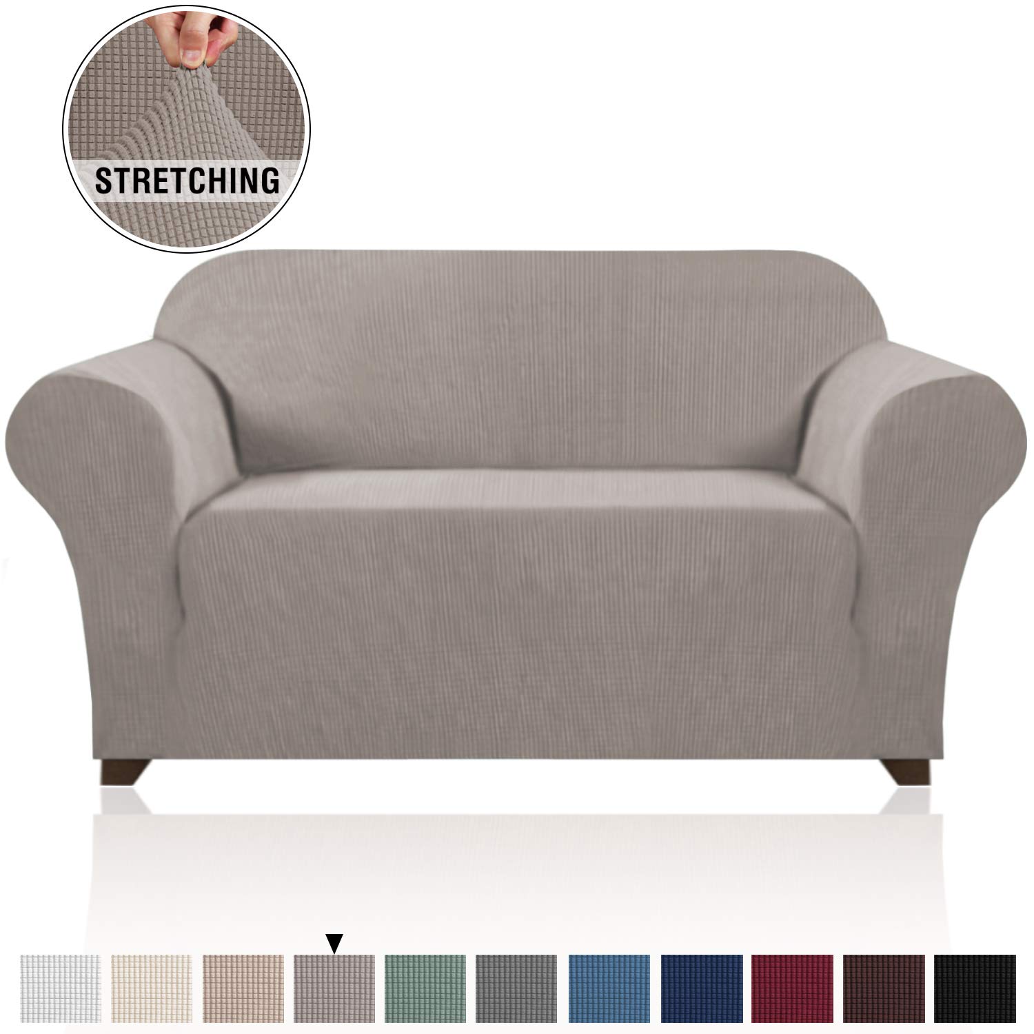 Stretch Sofa Slipcover 1 Piece Sofa Cover for 2 Cushion Couch Furniture Protector/Cover Couch with Elastic Bottom Soft and Durable Sofa Cover Pet Protector (Loveseat, Taupe)