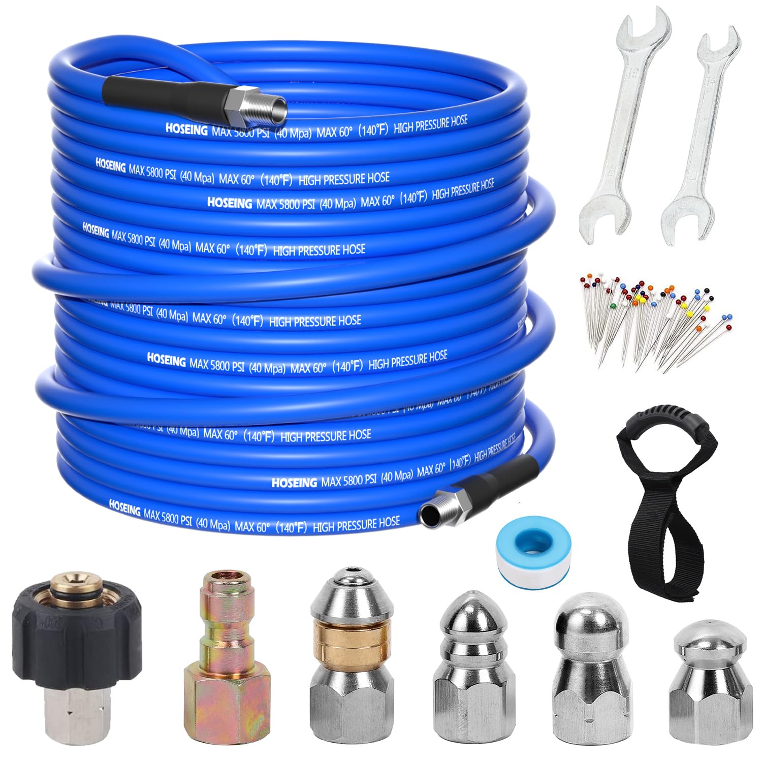 Photo 1 of 100FT Pressure Washer Sewer Jetter Kit, 5800 PSI Water Jet Drain Cleaner Hose with Corner Rotating Button Nose Nozzle, 1/4 Inch NPT, Kit Includes Sewer Jetting Nozzles and Spanner Handle Strap