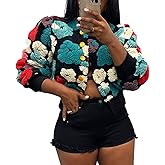 KANSOON Bomber Jacket Women Cropped Floral Button Down Varsity Jacket Long Sleeve Casual Streetwear Fall Winter Warm Coat
