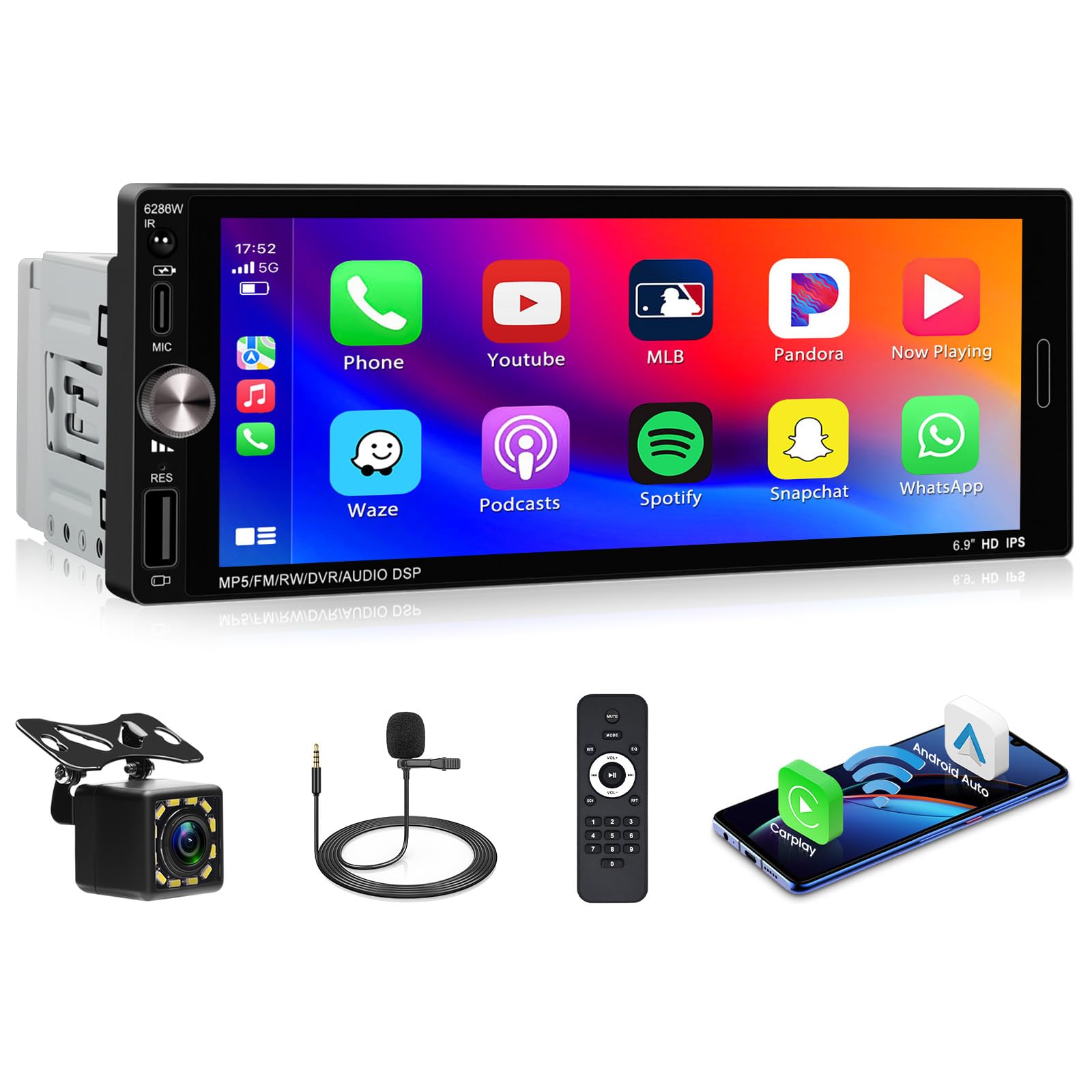 Photo 1 of [Wireless Carplay] 6.9 inch Single Din 1280 * 480 Touch Screen Car Radio, Single Din Bluetooth Radio Car Stereo with Apple Carplay, Support Bluetooth5.0/FM/EQ/USB/Type-C Port/Backup Camera + Mic