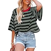 Dokotoo Tops for Women Striped 2026 Fashion T Shirts for Women Color Block Crewneck Design Loose Basic Tee