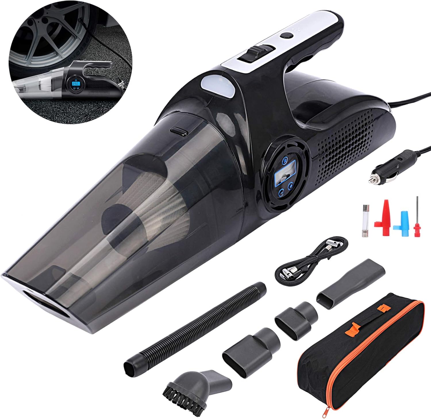 Qukpa 4 in 1Portable Car Vacuum Cleaner Air Compressor Tire Inflator with Digital Tire Pressure Gauge LCD Display DC12V High Power 6000PA Handheld Car Vacuum with LED Light for Wet and Dry Use: Automotive