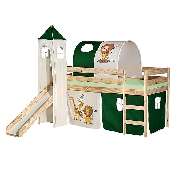 IDIMEX Rutschbett Benny Hochbett Kinderbett Spielbett Holzbett mit Rutsche, Vorhang, Tunnel und Turm mit Motiv Dschungel, Kie