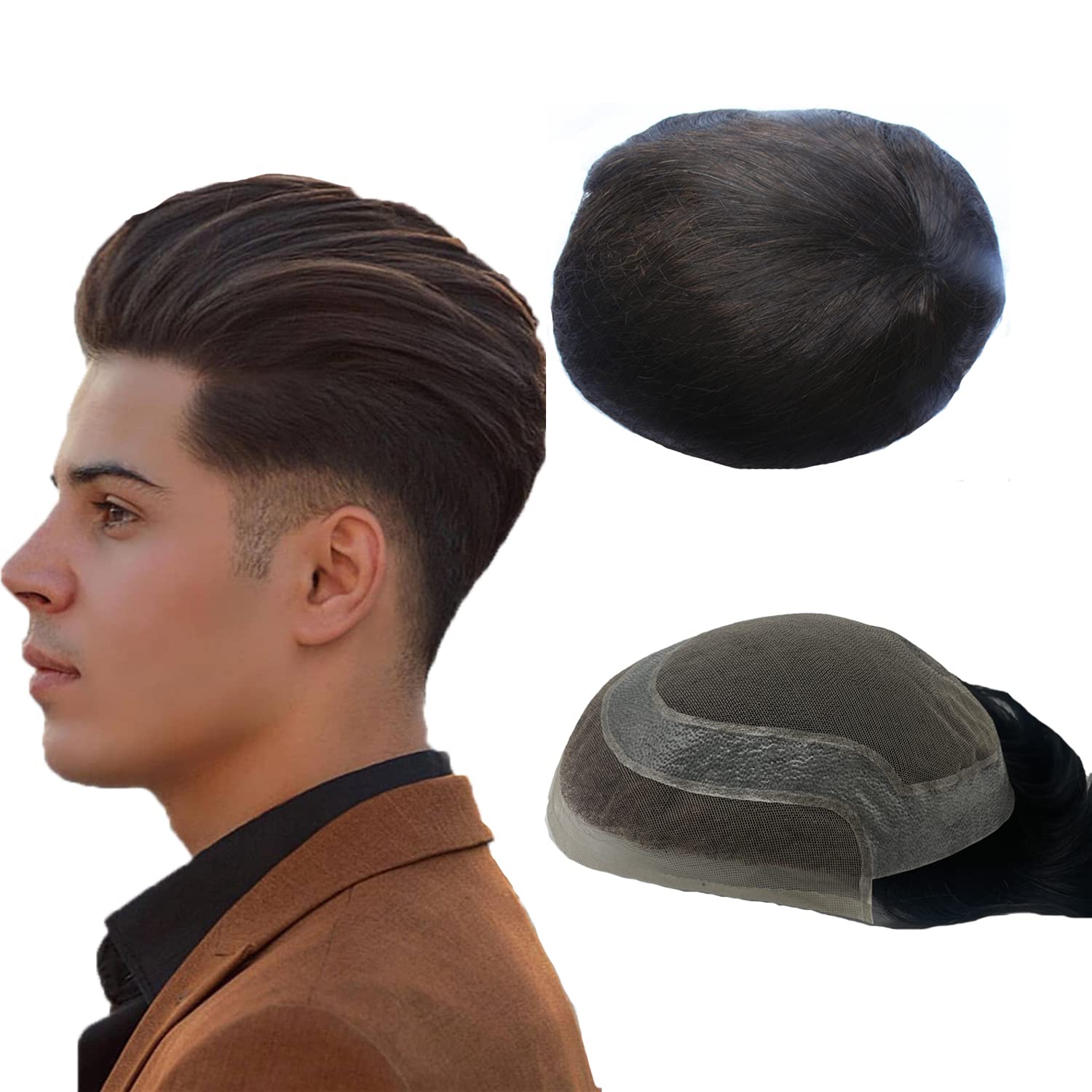 N.L.W. Hair Toupee - European Virgin Human Hair Replacement System, 10" x 8" Human Hair Toupee for Gents Hair Pieces (Dark Brown)