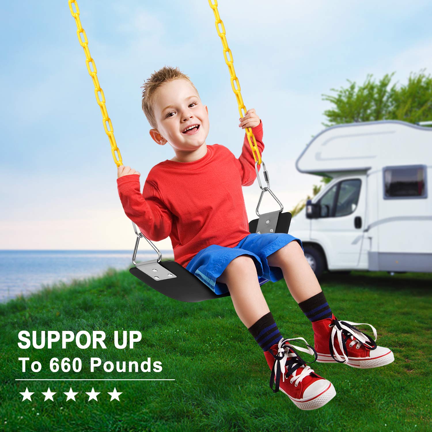 AGPTEK Swing Set, Seat with 66 Inch Anti-Rust Chains Thermoplastic Coated, Support 250lb, Cushion Accessories Replacement with Snap Hooks for Outdoors, Playground, Jungle & Gym - Black