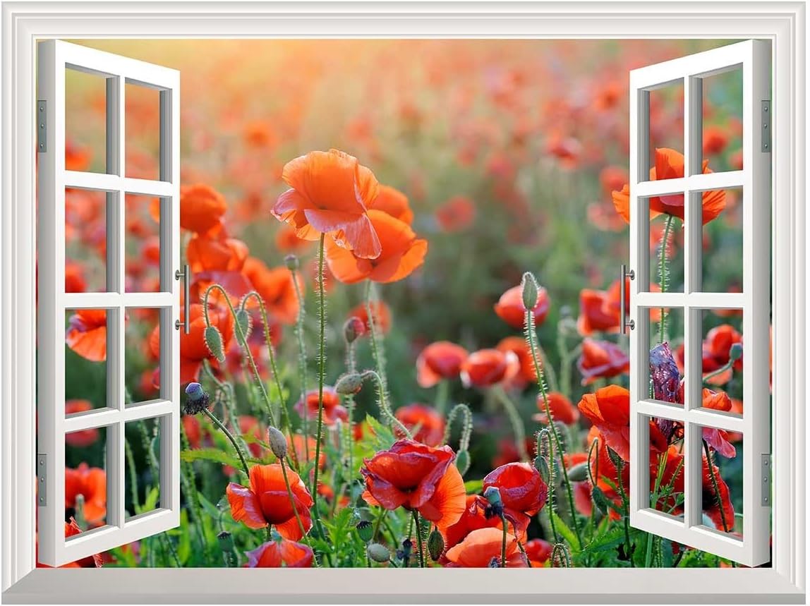 Amazon Yesurprise ヒナゲシの花畑 壁飾り 絵 オープンウィンドウ ウォールステッカー 窓ポスター 偽窓 ビニール製 インテリア 壁紙 60 80cm ウォールステッカー 通販