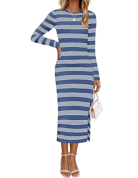 princess polly baby blue dress ZESICA WOMEN'S FALL LONG SLEEVE STRIPED KNIT MIDI DRESSES CREWNECK SIDE  SLIT BODYCON SWEATER DRESS,DUSTYBLUE,SMALL