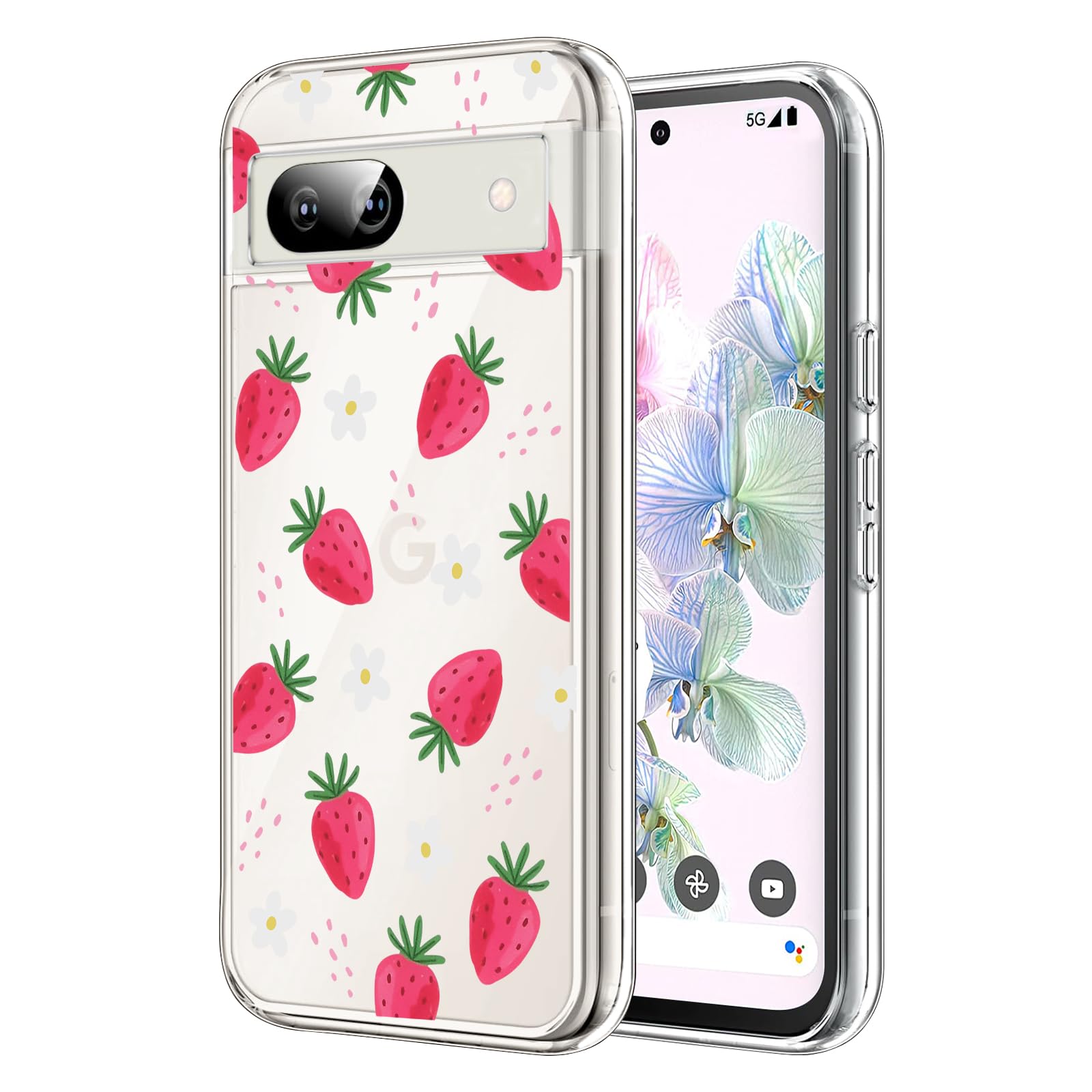 DiyGody Compatible for Google Pixel 8a Case 2024 with Cute Strawberry Flowers Pattern, Transparent Slim Soft TPU Shockproof Protective Phone Cover Compatible for Pixel 8a 6.1"