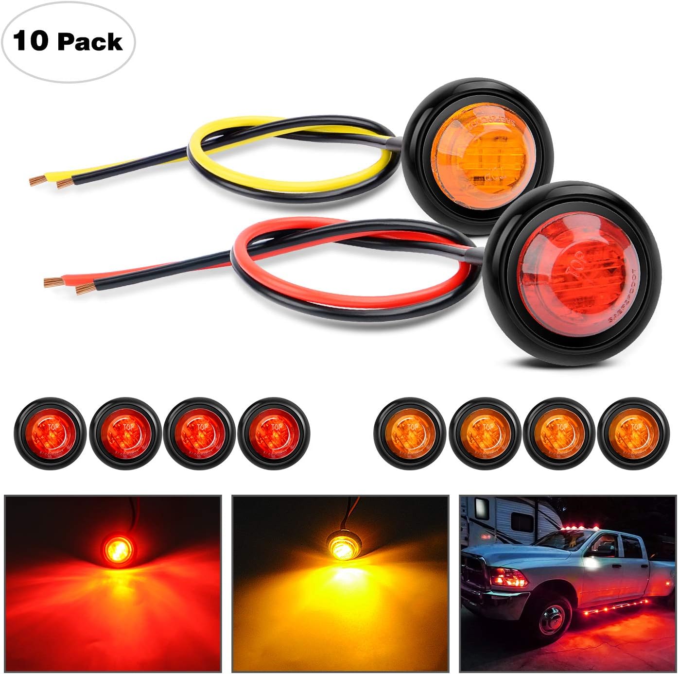 Nilight TL-02 5PCS 5PCS 10 PCS 3/4” Round Mini Clearance LED Front Rear Side Indicator Bullet Marker Light for Truck RV Car Bus Trailer Van Caravan Boat (12V, Red+Amber), 2 Years Warranty