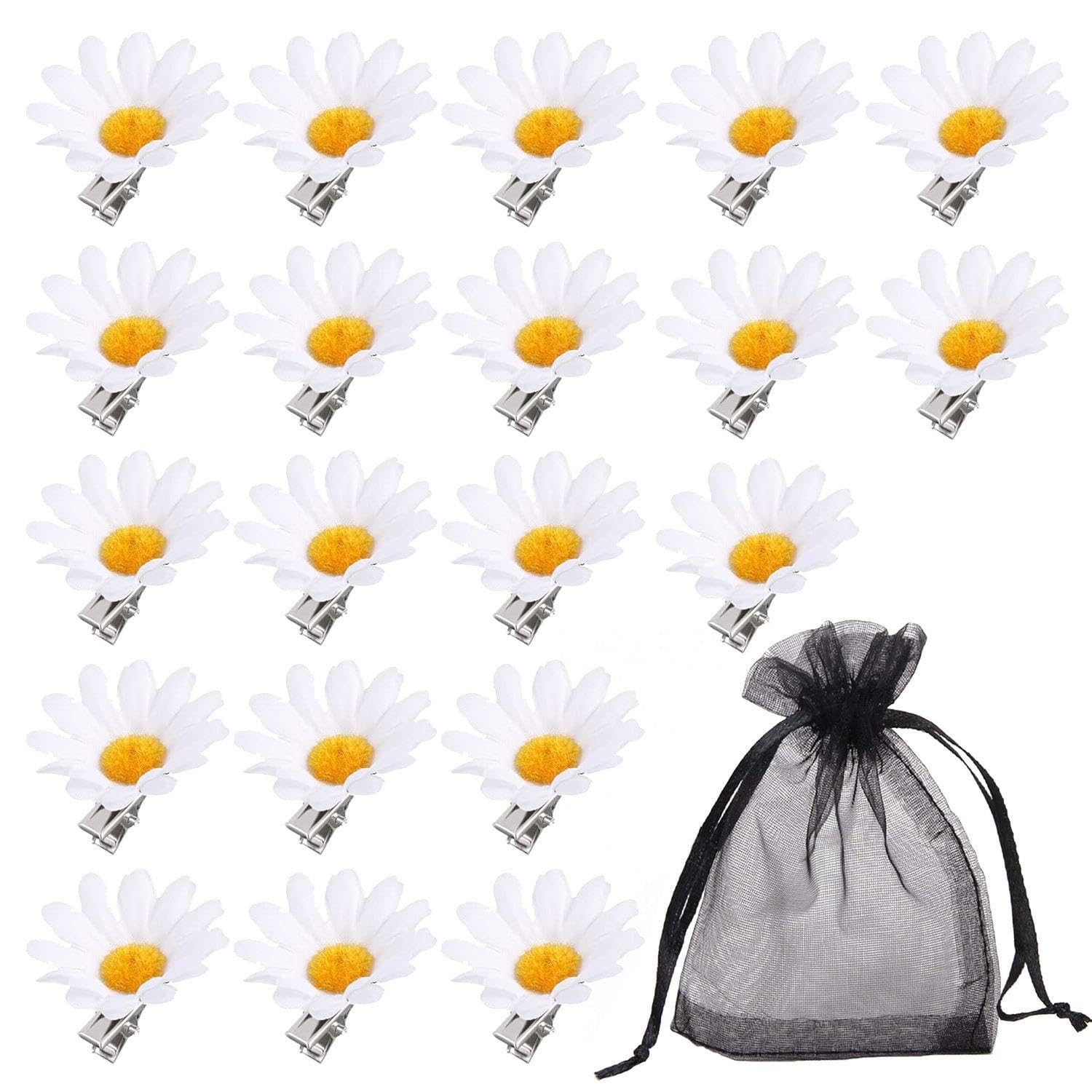 20 Pieces Daisy Flower Hair Clips With 1 Piece Mesh Drawstring Bag, Sun Flower Hair Clips, Cute Hair Clips For Girls, Flower Side Clips, Non-Slip Hair Clips, Alligator Clips