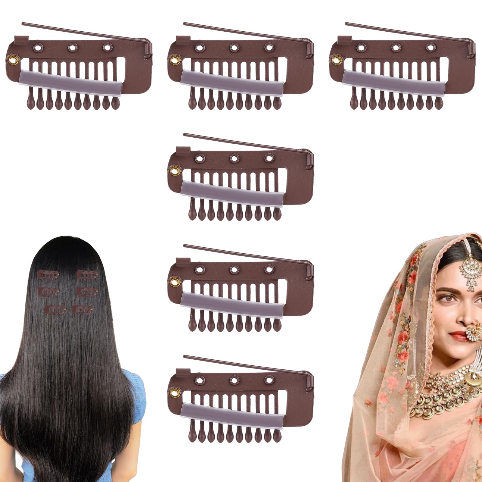 6pcs Wig Clip Set with Safety Pin, Stainless Steel Hidden Dupatta Setting for Securing Hair Extensions, No Sew Chunni Grip in for Women Girls Hijab Veil Tikka Headscarf (Brown)