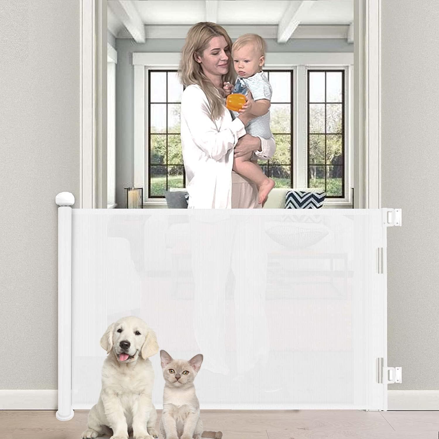 Child Safety Barrier – Retractable Baby Safety Gate, Dog Safety Barrier 86 x 140 cm Safety Barrier, Roll-Up Stair Barrier for Stairs/Doors/Corridors
