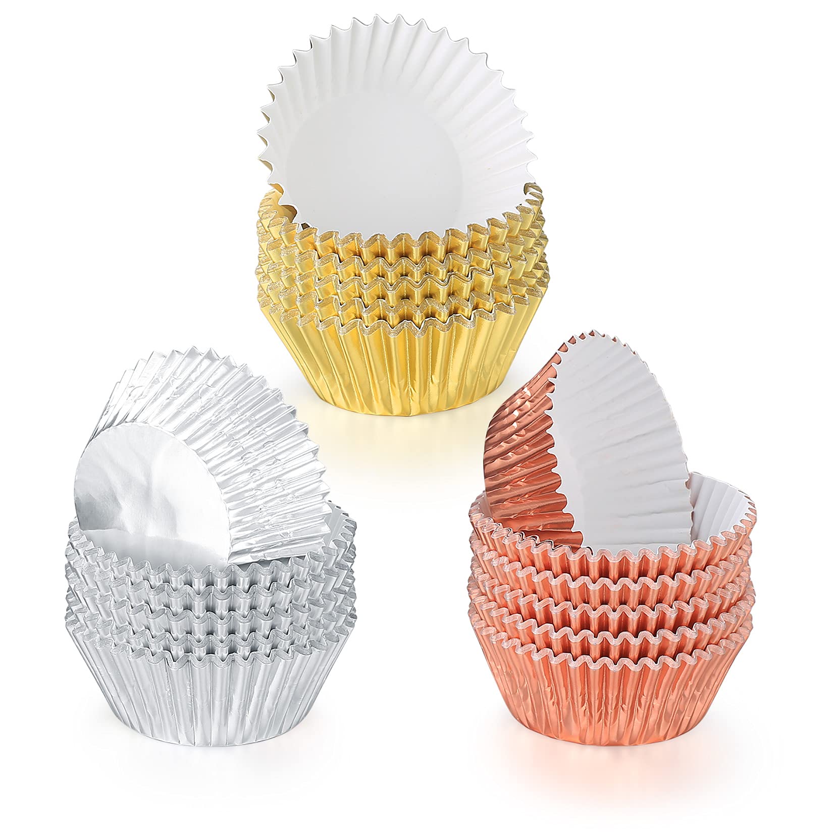 300 Pieces Foil Metallic Cupcake Cases, Muffin Cakes Paper Liners Cases, Wrappers Foil Baking Cups - Gold, Silver, Rose Gold