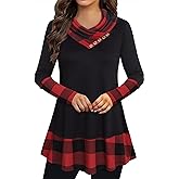 Bebonnie Cowl Neck Tunics Long Sleeve Patchwork Form Fitting Casual A-Line Top Blouse