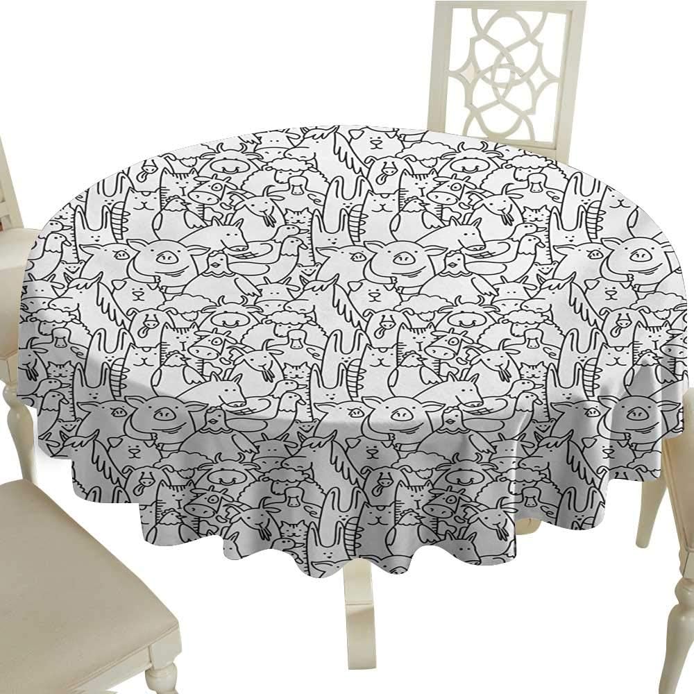 party round tablecloth 65 Inch Doodle,Farm Animals Horses Ducks Goats and Chickens Monochrome Fauna Illustration,Black and White Great for,holiday & More