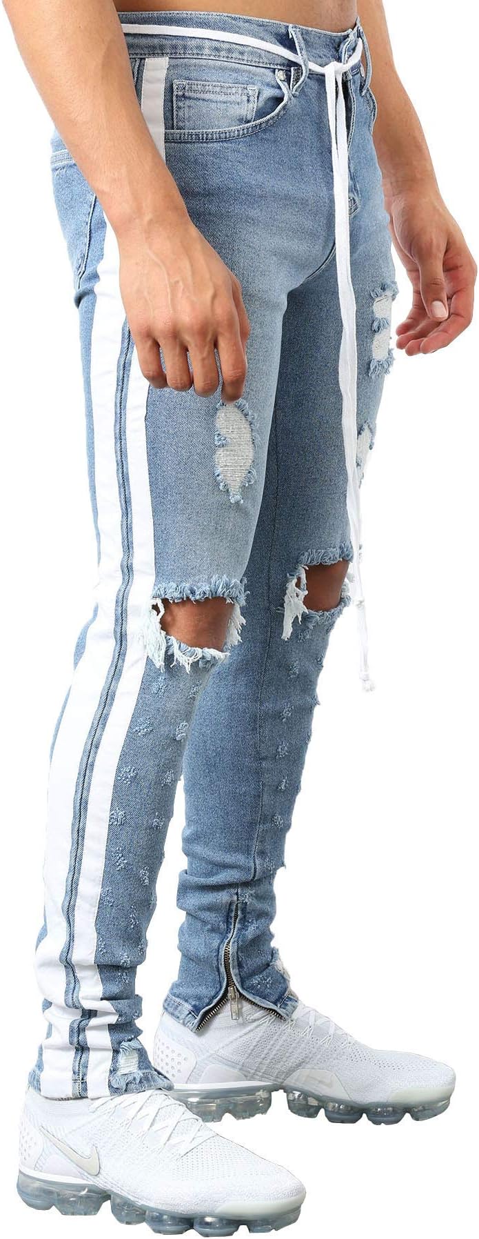 Camolteni Men's Skinny Double Side Stripes Distressed Track Denim Jeans V2 in Blue and White Milano