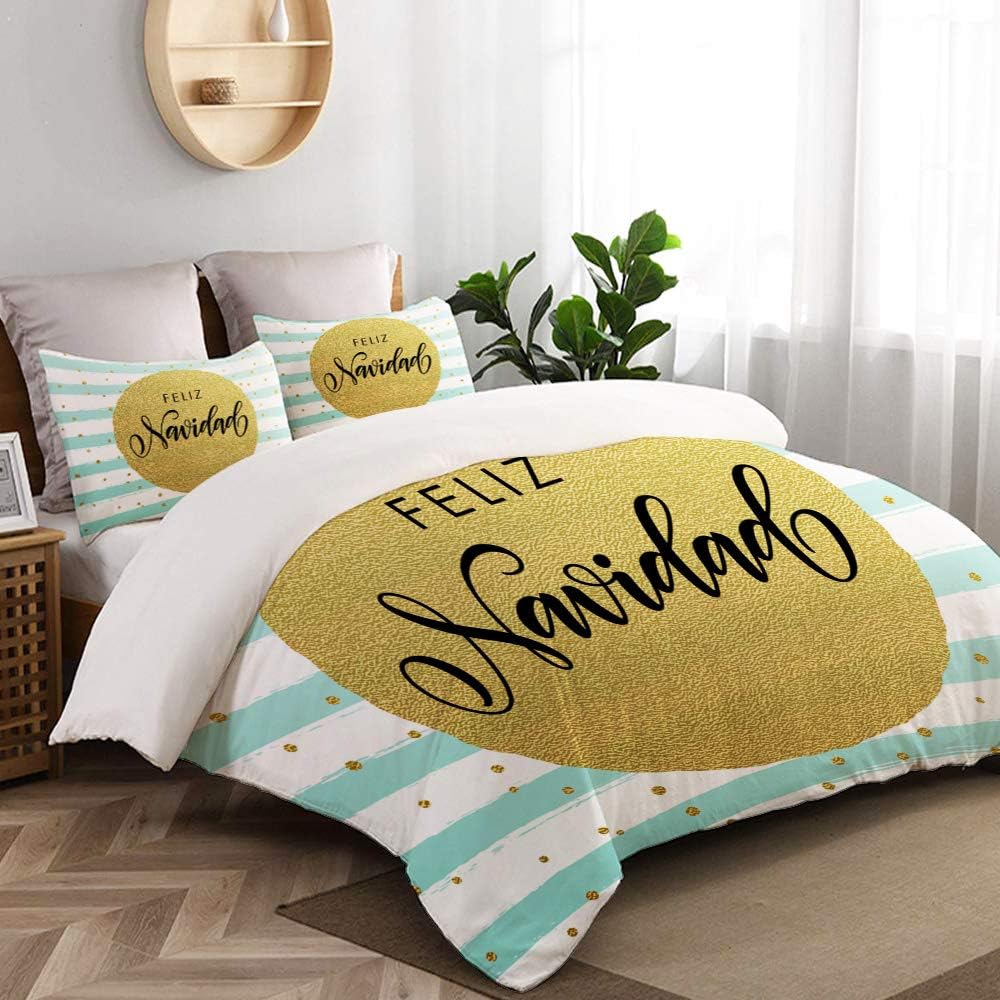 WINCAN Duvet Cover Queen Size,Spanish Merry Christmas Feliz Navidad Gold,Decorative 3 Pieces Bedding Set with Zipper Closure and 2 Pillow Shams (90" 90")