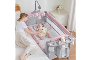ADOVEL Baby Bassinet Bedside Crib, Pack and Play with Mattress, Diaper Changer and Playards from Newborn to Toddles, Pink