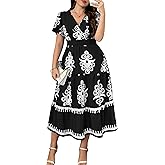 RWJ Womens Plus Size Dresses 2026 Summer Casual Wrap V Neck Short Sleeve Aline Floral Boho Maxi Dress with Pocket