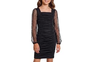 Rolanko Girls Ruched Bodycon Dress, Square Neck Long Sleeve Swiss Dot Mesh Mini Dress for Tweens Teens