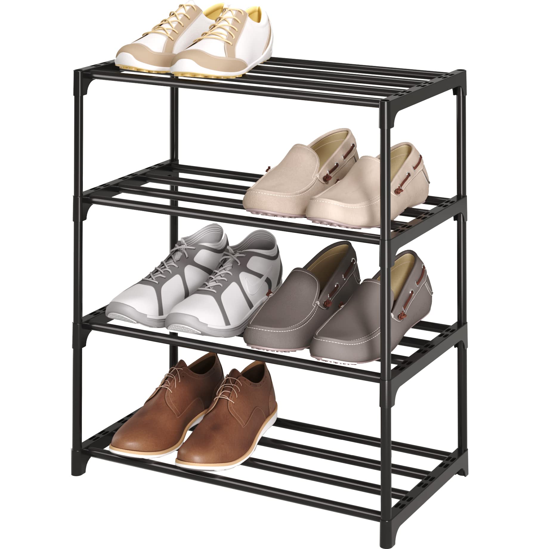 Photo 1 of 4-Tier Small Shoe Rack, Metal Stackable Kids Shoe Shelf Storage Zapateras Organizer,Narrow Shoe Rack Sturdy for Closet Hallway Entryway Living Room Bedroom (Black)