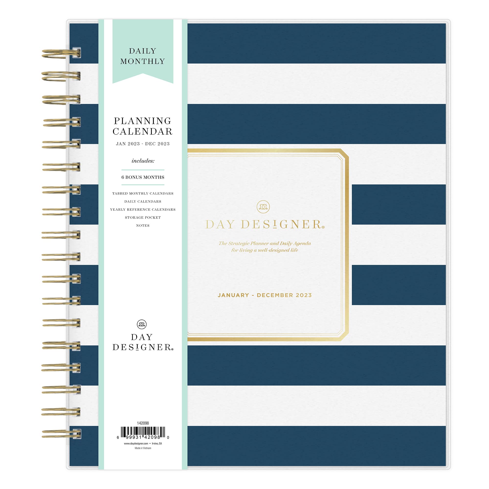 BLUE SKY Designer for Blue Sky 2023 Daily and Monthly Planner, 8" x 10", Frosted Cover, Wirebound, Navy Stripe (142098), 8'' x 10''