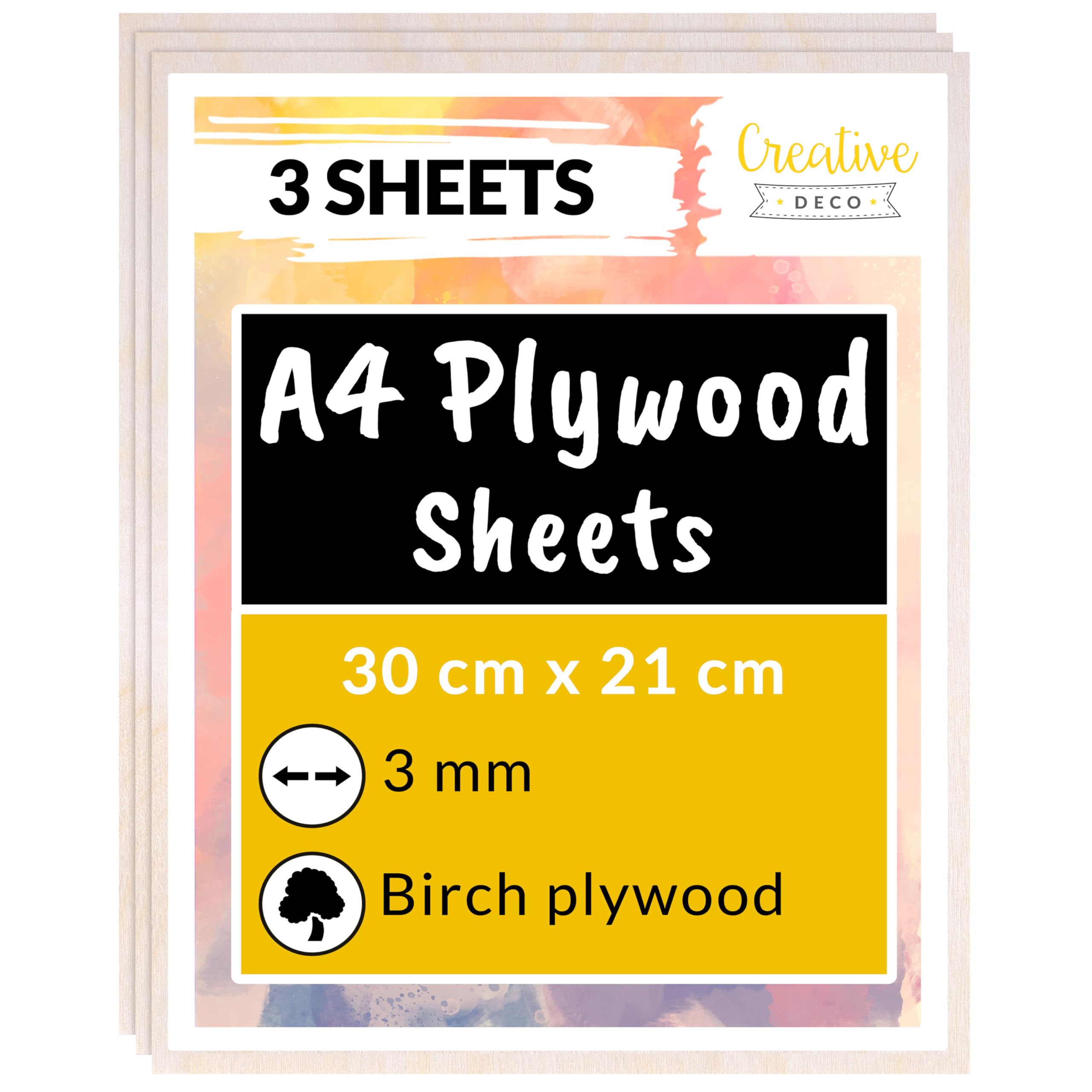 Creative Deco 3 x A4 Birch Plywood Sheets | 300 x 210 x 3mm (+/-2mm) Baltic Wood Ply | Perfect Laserable Board for Wood DIY Home Decor Arts Craft Painting Laser Cutting CNC Stenciling Pyrography