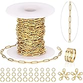 23 Ft Gold Chain for Jewelry Making, 18K Gold Plated Stainless Steel Oval Paperclip Chain Roll with 10 Lobster Clasps 30 Jump Rings 1 Opening Closing Tool for DIY Charm Necklaces Bracelets Women Men
