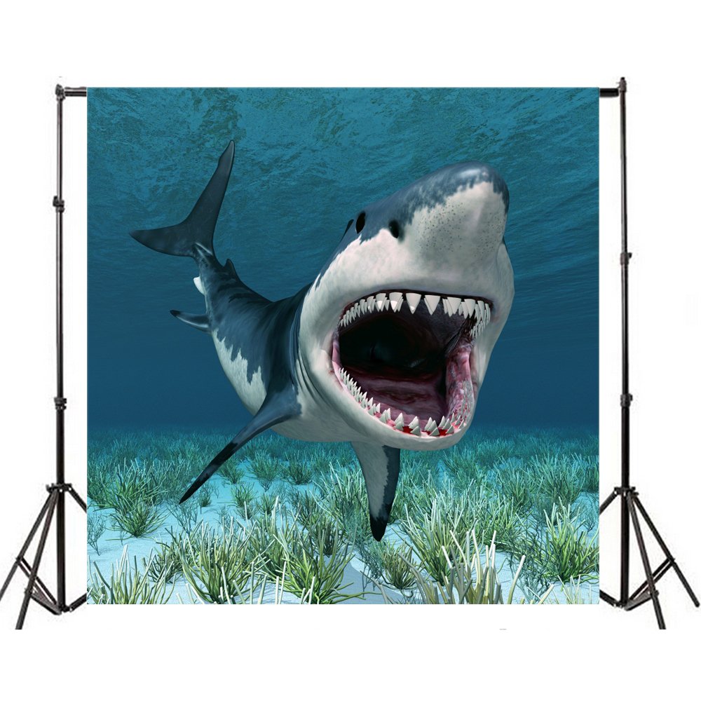 Yeele 4x4ft Vinyl Shark Backdrops Underwater World Background Aquarium 3D Great White Shark Under The Sea Ocean Cartoon Backdrop for Photography Boy Kid Happy Birthday Party Photo Shoot Studio Props