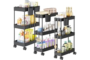 ARATAN Slim Storage Cart, 3 Pack Narrow Bathroom Cart for Small Space Storage with Plastic Basket Small Rolling Cart with Movable Partition for Bathroom, Laundry Room, Kitchen Narrow Bathroom Storage, Black