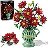 PLAXSOON Dahlia Flowers Building Set with Vase, Valentine's Day Flower Bouquet Botanical Collection Building Block Toy, 1482 PCS Gothic Artificial Plant Bonsai Kit Gift for Her Adults Kids Girls 12+