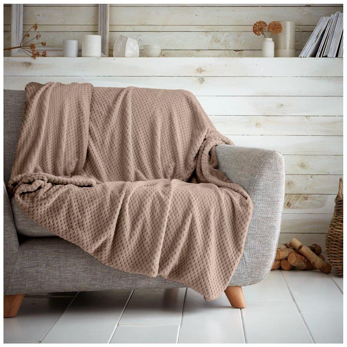 Luxury Popcorn Honey Comb Sofa Bed Blanket, Easy Care Super Soft & Warm Fluffy Settee Waffle Throw, Oyster, 200X240