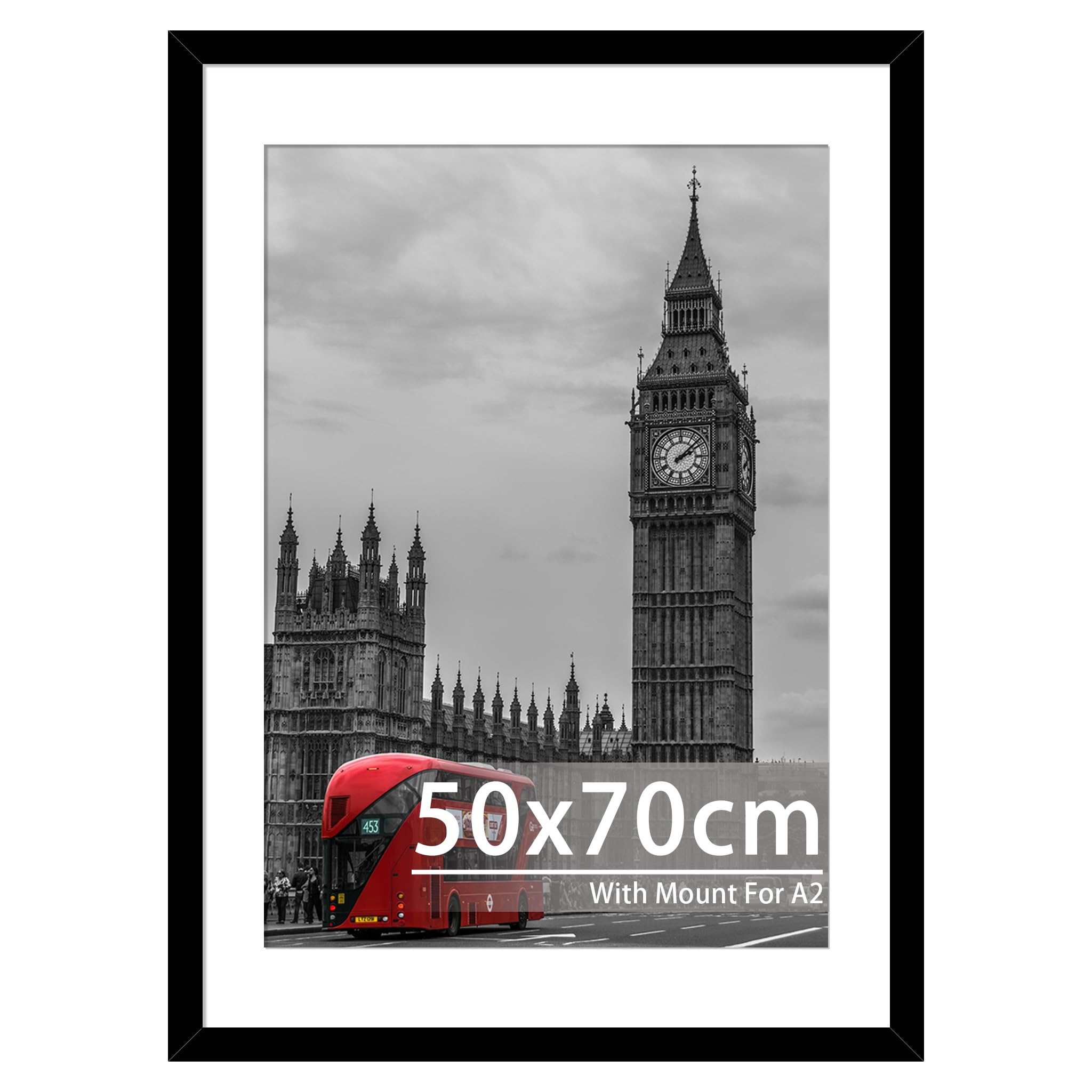 Tinkeps 50x70cm Black Frame - Engineered Wood and Plexiglass, Picture Frames 50cm x 70cm with A2 Mount for Prints, Photos, and Posters, Wall Mountable