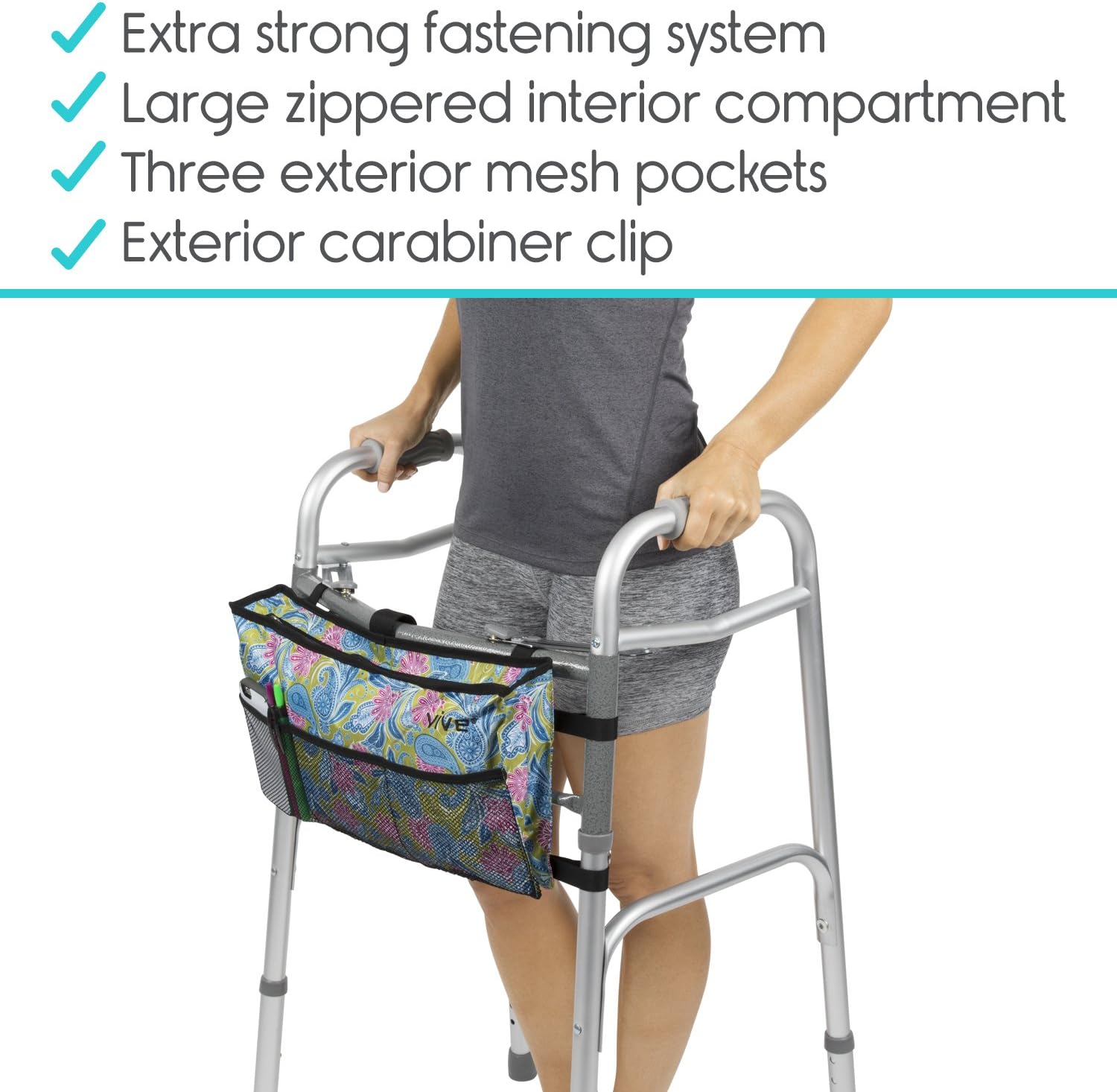 Vive Walker Bag - Water Resistant Accessory Basket Provides Hands Free Storage for Folding Walkers - Attachment Fits Wide and Narrow Styles - Tote Caddy Pouch for Elderly, Seniors, Handicap, Disabled: Health & Personal Care